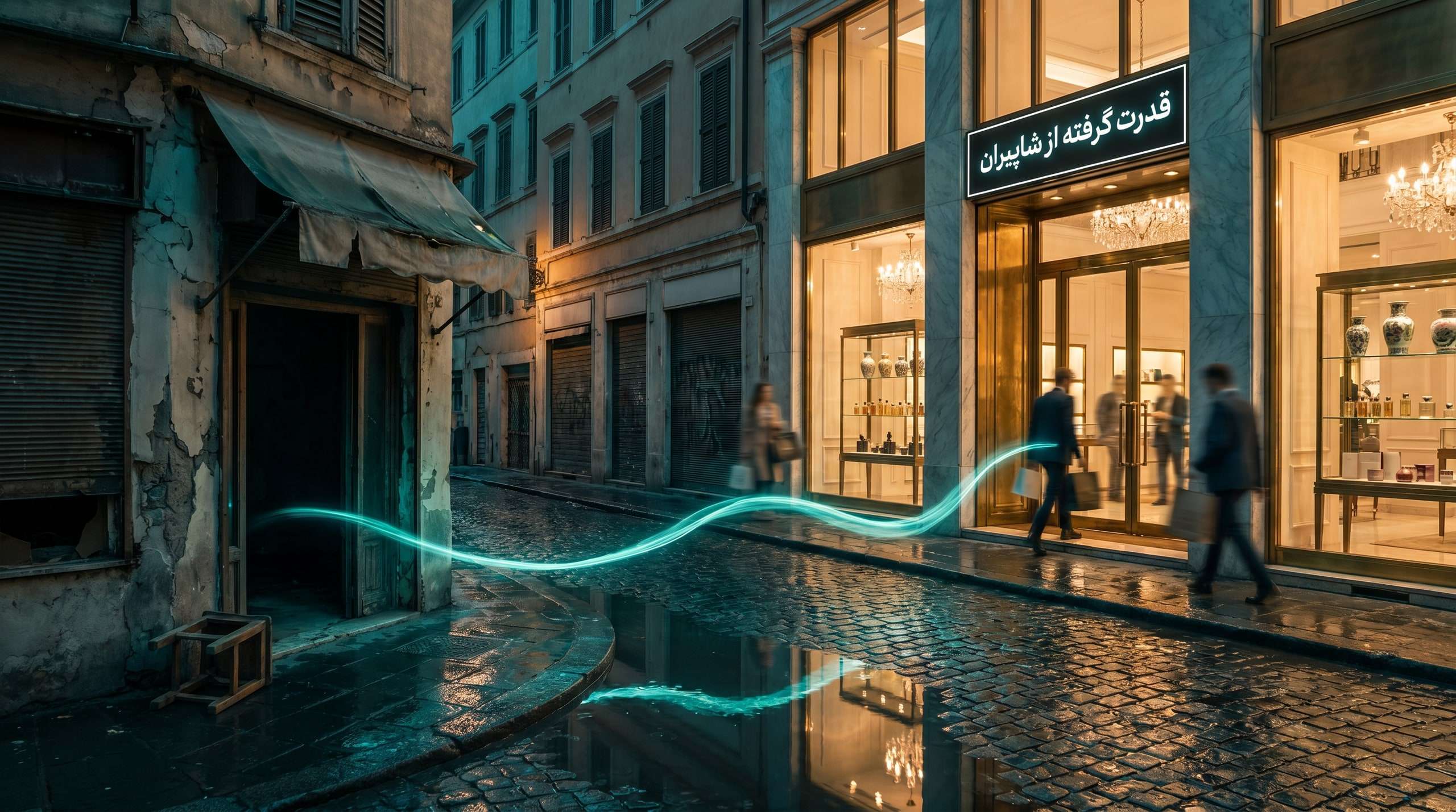 مغازه متروک خاموش در بازار فرسوده و روبه‌رویش فروشگاه لوکس شلوغ با تابلوی «قدرت گرفته از شاپیران» — نخ نور از درگاه کهنه تا در روشن تازه کشیده شده