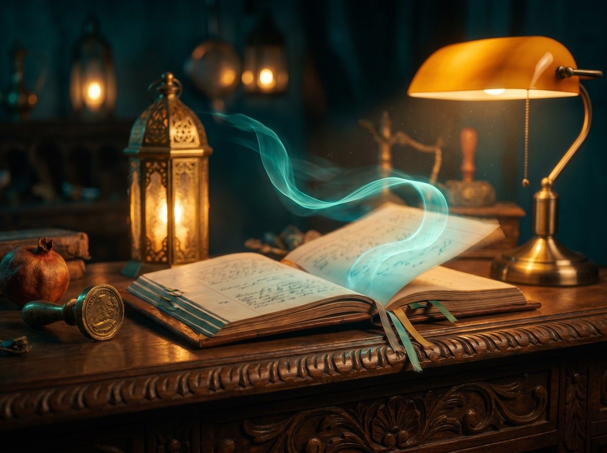 تابلوی سینمایی دفتر تاجر کهن در شب: دفتر مشتریان باز با نشانه‌های رنگی کوچک کنار نام‌ها؛ ربان نور فیروزه یکی از پرونده‌ها را روشن می‌کند — شناخت تک‌تک مشتری‌ها
