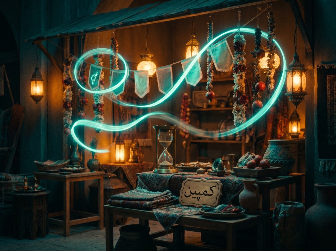 تابلوی سینمایی غرفه جشنواره بازار کهن در شب با ساعت شنی، ربان نور فیروزه ریسه‌ها و بنرهای کمپین را می‌بندد، با تابلوی «کمپین»