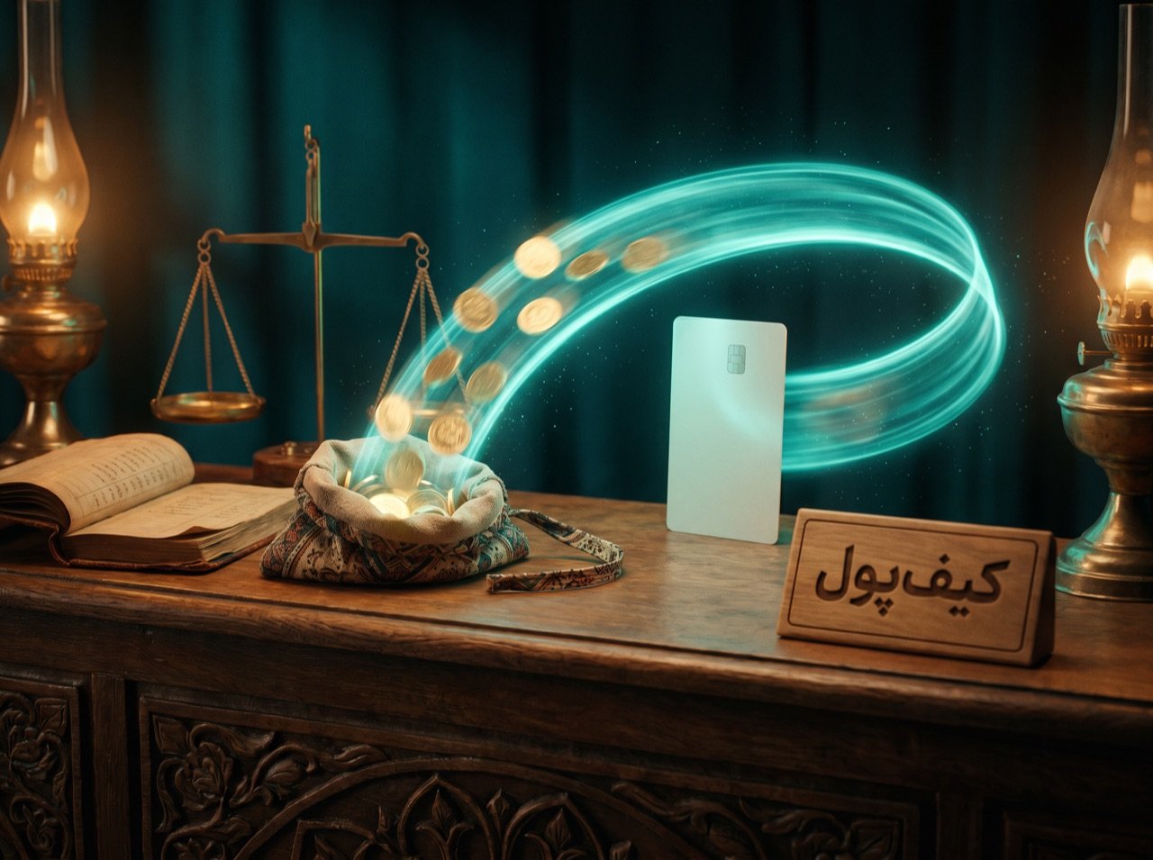 تابلوی سینمایی پیشخان کهن: ربان نور فیروزه سکه‌های طلا را از کارت بانکی مدرن بیرون می‌کشد و داخل کیسه پول می‌ریزد، کنار ترازو و دفتر کهنه، با تابلوی «کیف‌پول»