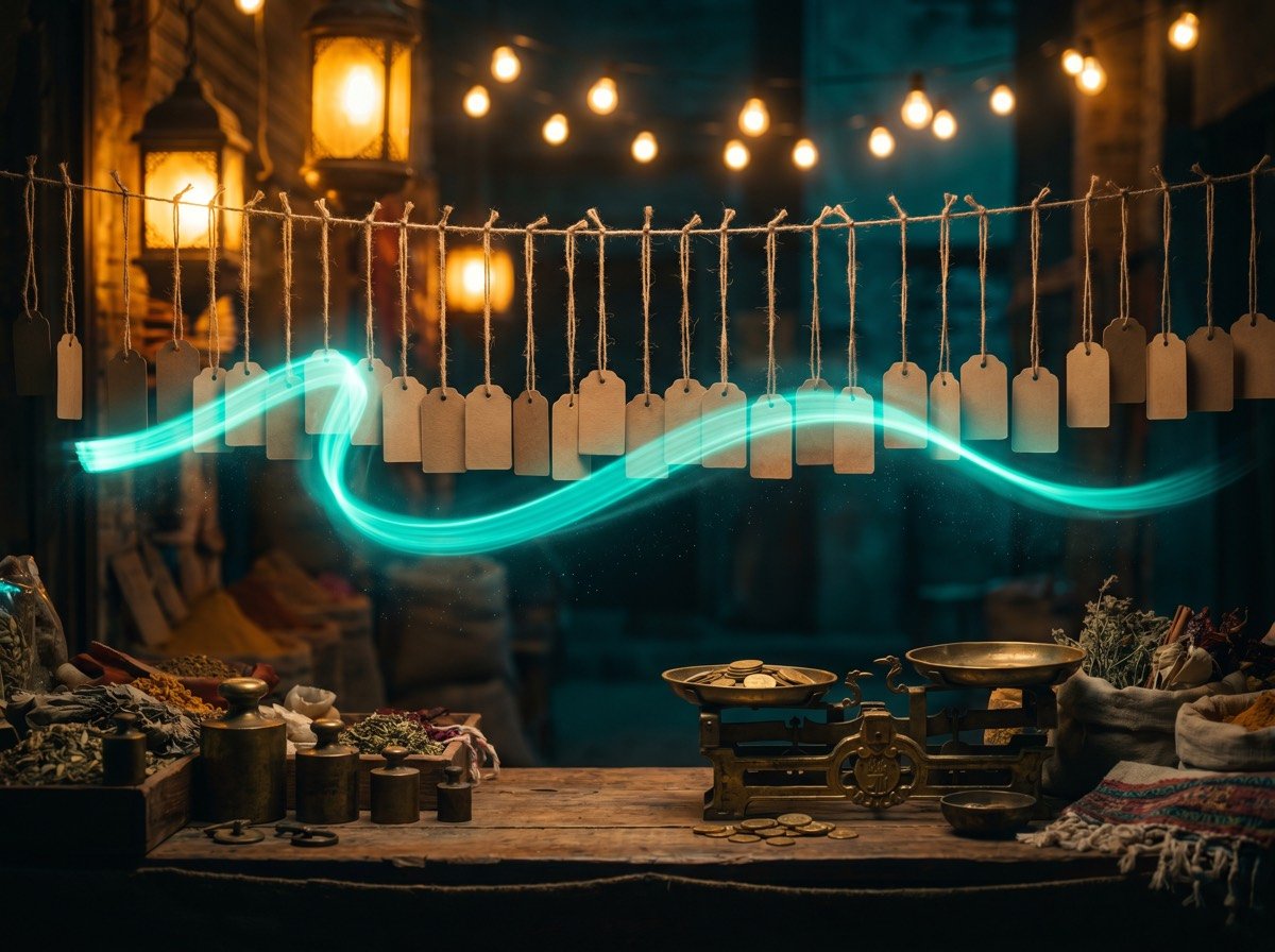 تابلوی سینمایی پیشخان کهن در شب: ردیفی از برچسب‌های قیمت آویزان و ترازوی برنجی سکه؛ ربان نور فیروزه یک‌جا روی همه برچسب‌ها می‌گذرد — تغییر گروهی قیمت