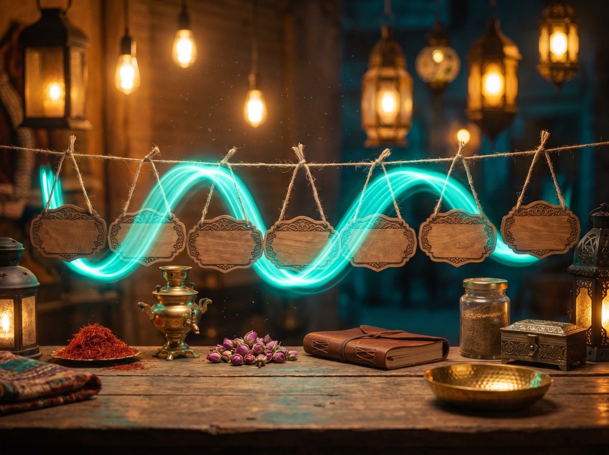تابلوی سینمایی پیشخان بازار کهن در شب: ردیفی از تابلوهای چوبی بالای هر محصول؛ ربان نور فیروزه به هرکدام نور خودش را می‌دهد — سئوی هر صفحه