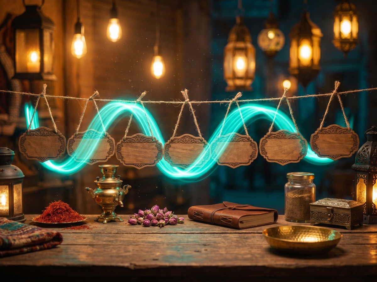 تابلوی سینماییِ پیشخانِ بازارِ کهن در شب: ردیفی از تابلوهای چوبی بالای هر محصول؛ ربانِ نورِ فیروزه به هرکدام نورِ خودش را می‌دهد — سئوی هر صفحه